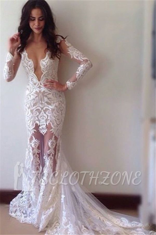 Glamorous Sheath Long-Sleeves Lace Appliques Sexy Prom Dress
