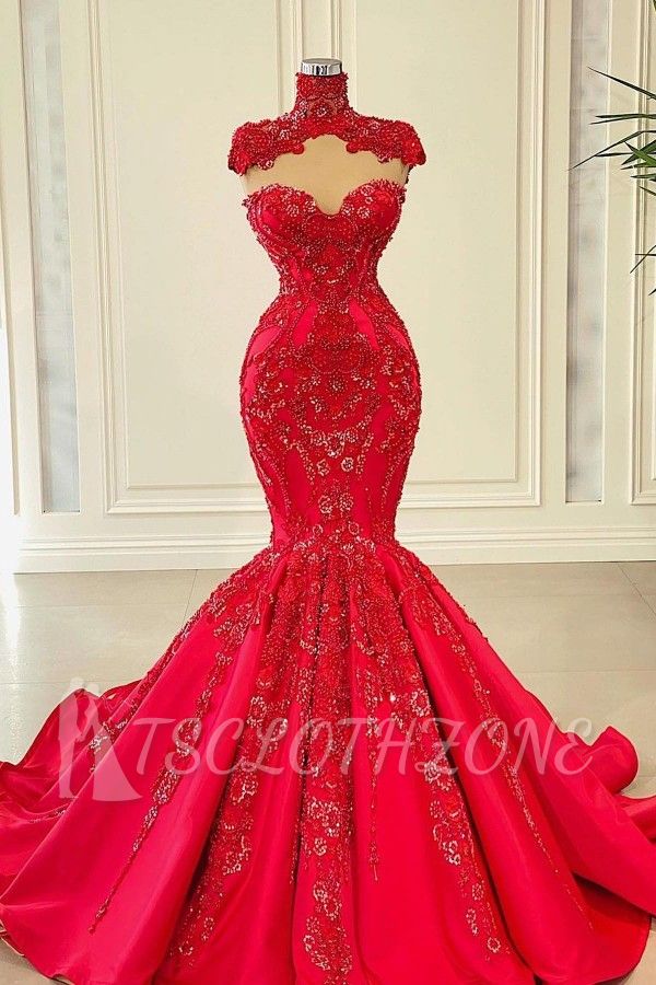 Elegant Long Red Turtleneck Lace Evening Dress | Sleeveless Lace Ball Gown