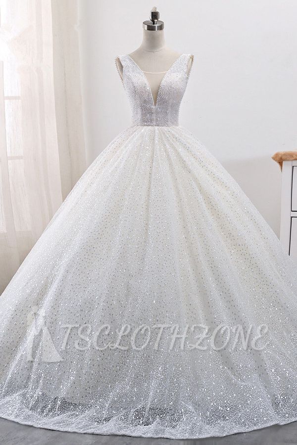 TsClothzone Wunderschönes Tüll-Ballkleid-Hochzeitskleid mit V-Ausschnitt, funkelnde, ärmellose Brautkleider mit Pailletten im Angebot