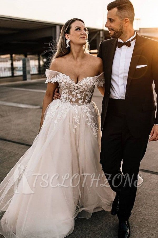 Boho A-line V-neck lace floor-length wedding dress