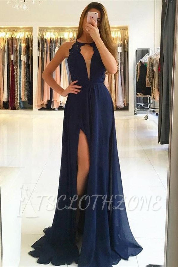 Elegant A-line Chiffon Evening Dresses 2022 | Open Back Side Slit Prom Dress