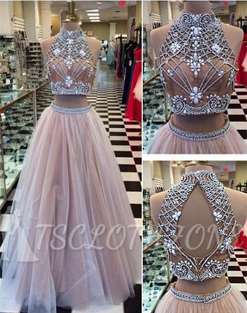 High Collar Two Piece Tulle Evening Dress with Beading A-Line Halter Long Prom Dress
