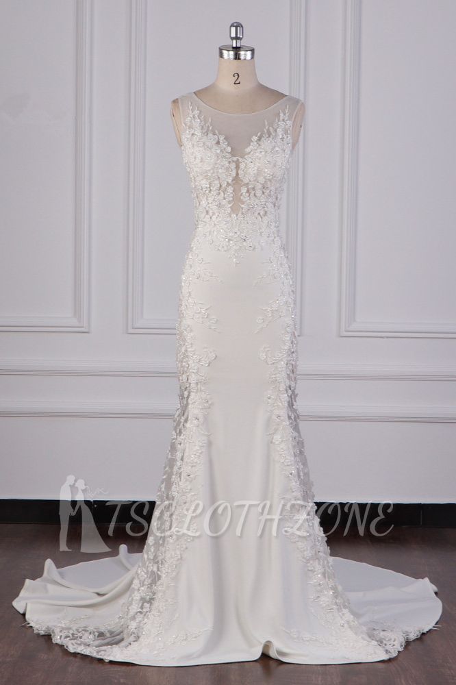 TsClothzone Glamorous Jewel Tulle Lace Wedding Dress Sleeveless Appliques Beadings Bridal Gowns Online