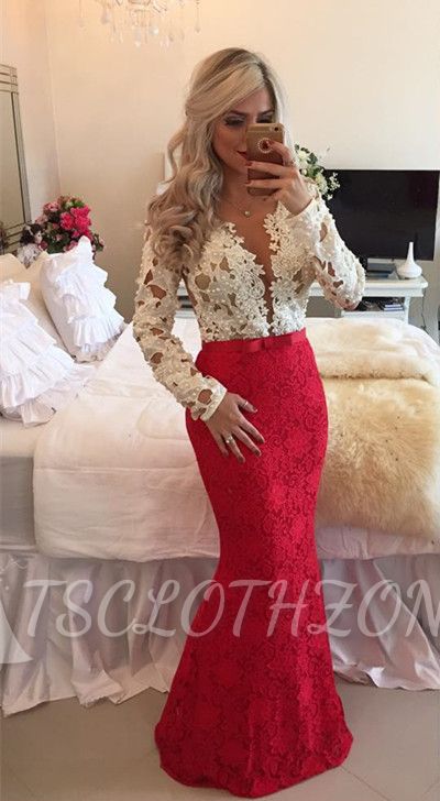 Popular Long-Sleeves Beadings Lace Mermaid Floor-Length Prom Dresses