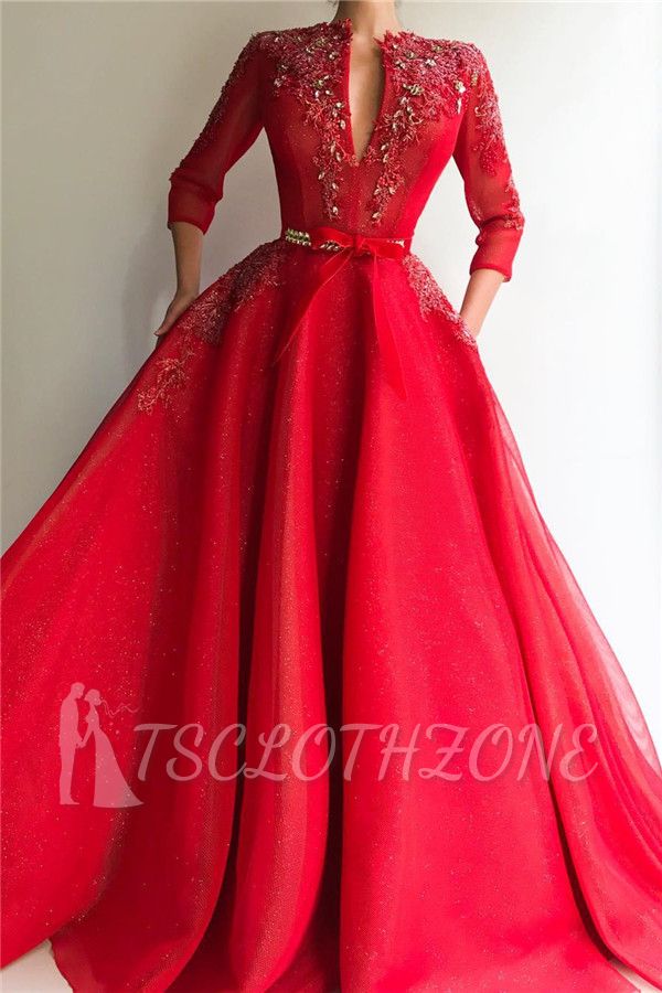 Sparkly Sequins Tulle V Neck Red Prom Dress | Charming Jewel 3/4 Sleeves Appliques Long Prom Dress