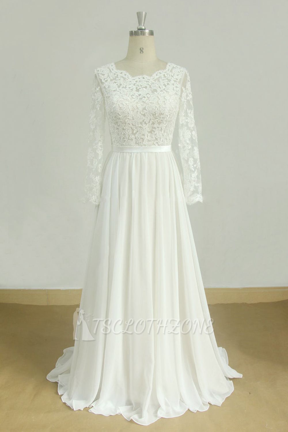 Glamouröses weißes Chiffon-Hochzeitskleid in A-Linie | Langarm Jewel Brautkleider