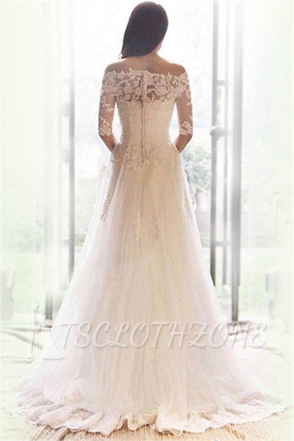 White Lace off The Shoulder Bridal Dresses Sweep Train Half Sleeve Tulle Wedding Dresses
