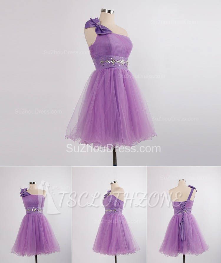 Elegant One Shoulder Lace-up Mini Dresses for Juniors Crystal Short Bowknot Formal Popular Homecoming Dresses