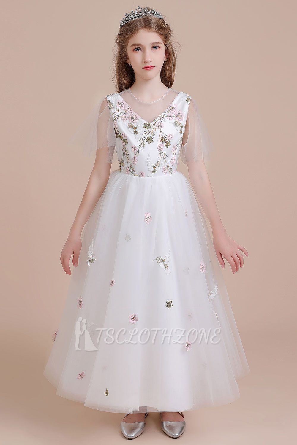 Lovely Embroidered Tulle Flower Girl Dress | Short Sleeve Little Girls Pegeant Dress Online