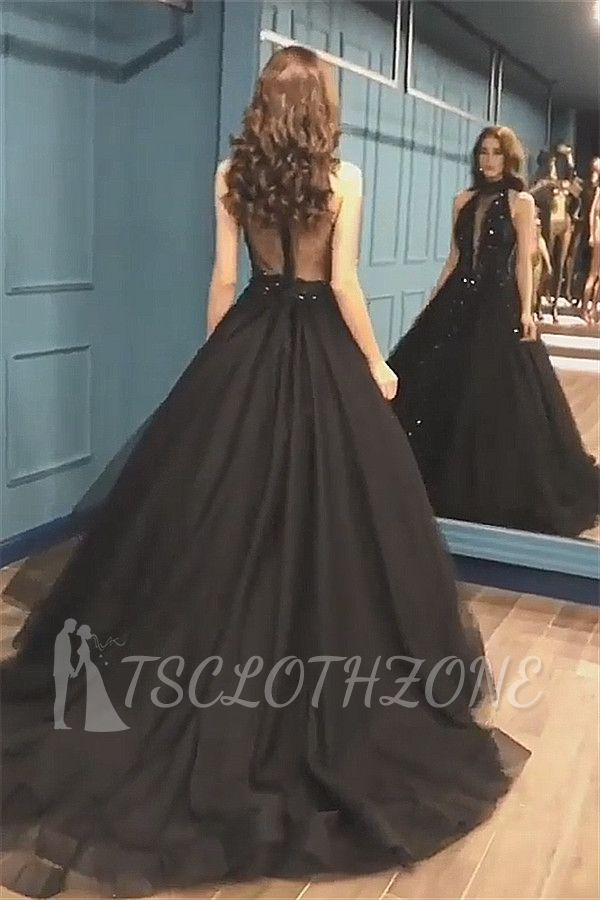 High Neck Black Tulle Sexy Prom Dresses 2022 | Sleeveless Beads Sequins Evening Gowns