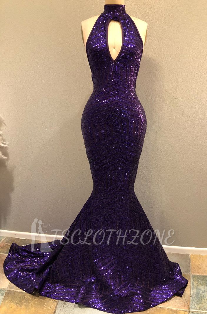 High Neck Sequins Prom Dress with Keyhole | Mermaid Sleeveless Sexy 2022 Prom Dresses Cheap