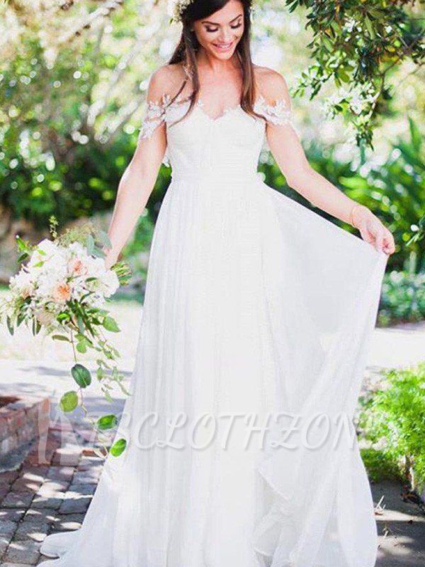 Sweep Train A-Line Chiffon Sleeveless Applique Lace Off-the-Shoulder Wedding Dresses