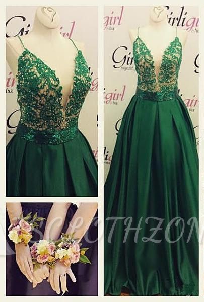 Dark Green Spaghetti Straps Prom Dresses Cheap A-line Evening Gowns 2022