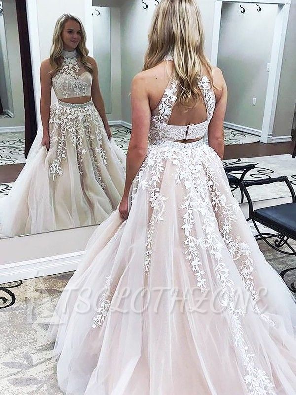 Gorgeous Halter Two Piece Applique Prom Dresses | Elegant Lace Up Crystal Evening Dresses with Beads