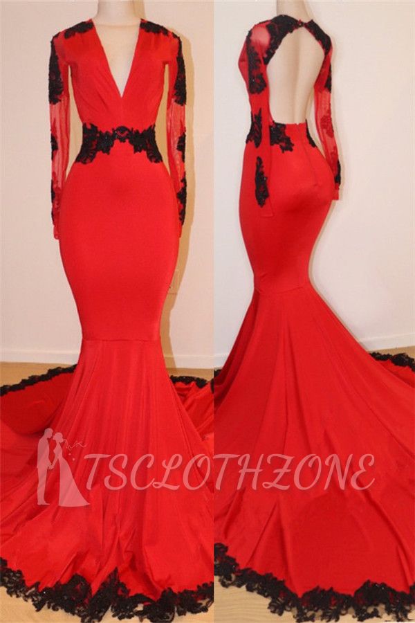 Rote Ballkleider mit offenem Rücken und schwarzen Spitzenapplikationen | Sexy Meerjungfrau-Abschlusskleid mit V-Ausschnitt und langen Ärmeln