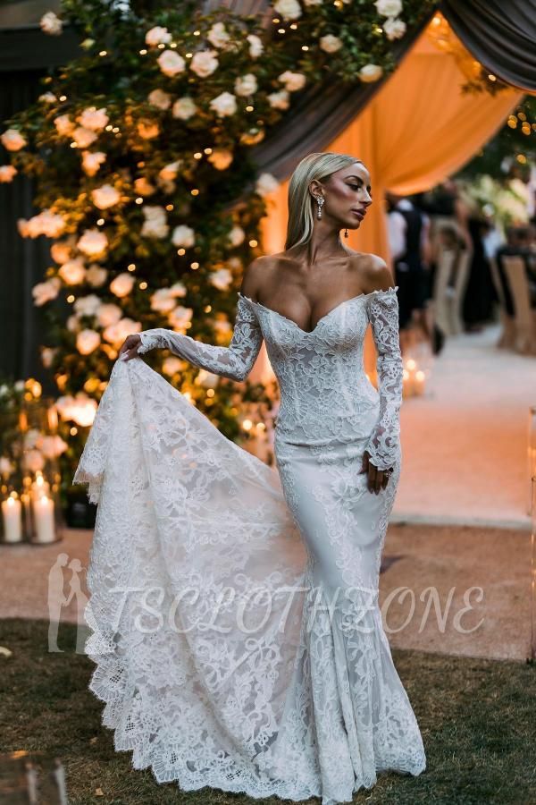 White Mermaid Wedding Dress with Sleeves Off-the-Shoulder Floral Lace Bridal Dress