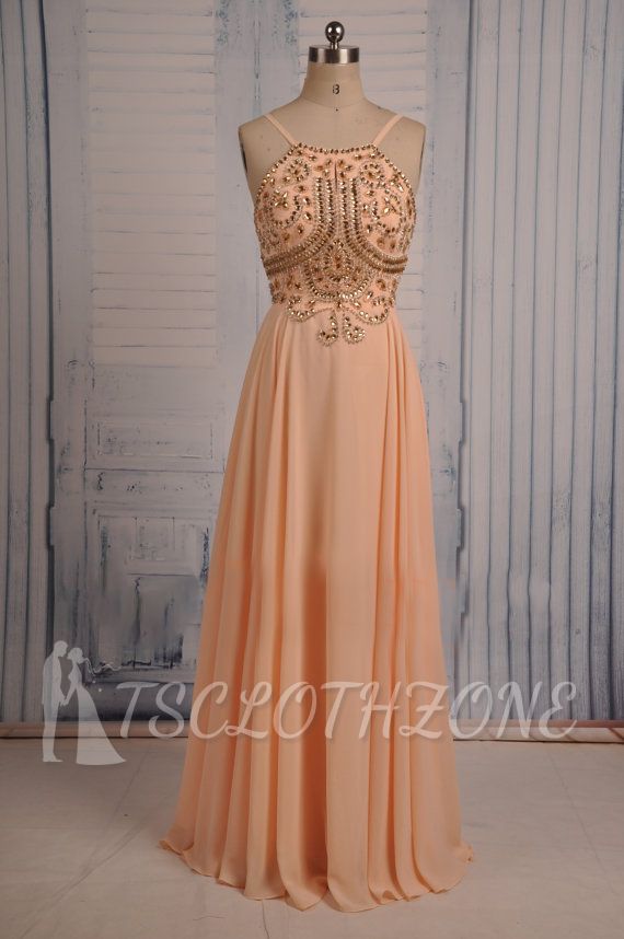 Coral Chiffon Spaghetti Straps Prom Dresses with Sparkly Crystals 2022 Long Evening Dresses