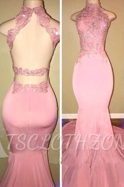 2022 Rosa Ballkleider mit offenem Rücken und hohem Halsausschnitt | Lange Abendkleider mit Meerjungfrau-Applikationen