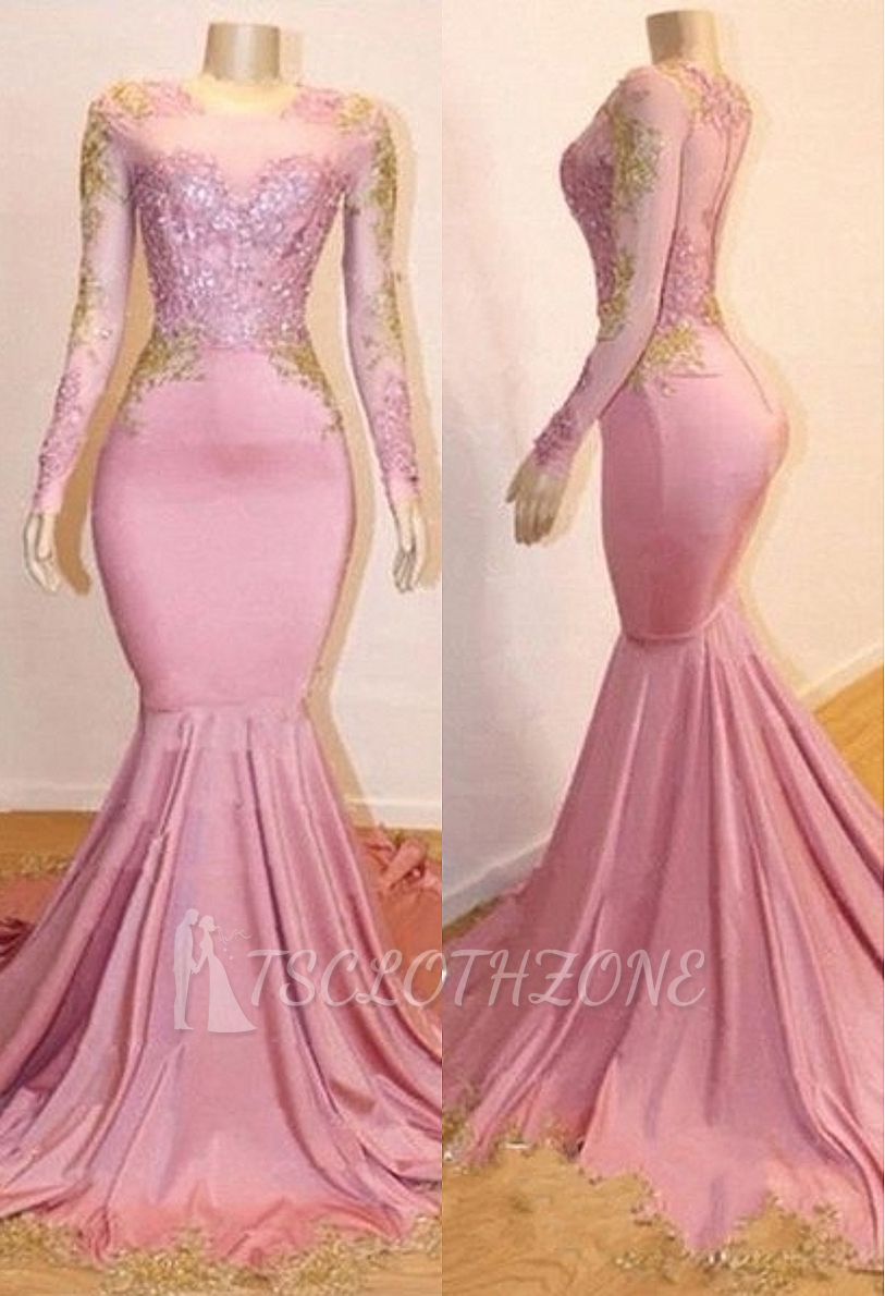Pink Appliques Long Sleeves Prom Dresses | Gorgeous Mermaid Evening Gowns