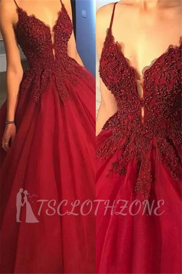 Gorgeous Spaghetti Strap Beads Prom Dresses | Red Elegant Lace Puffy Ball Gown Evening Dresses