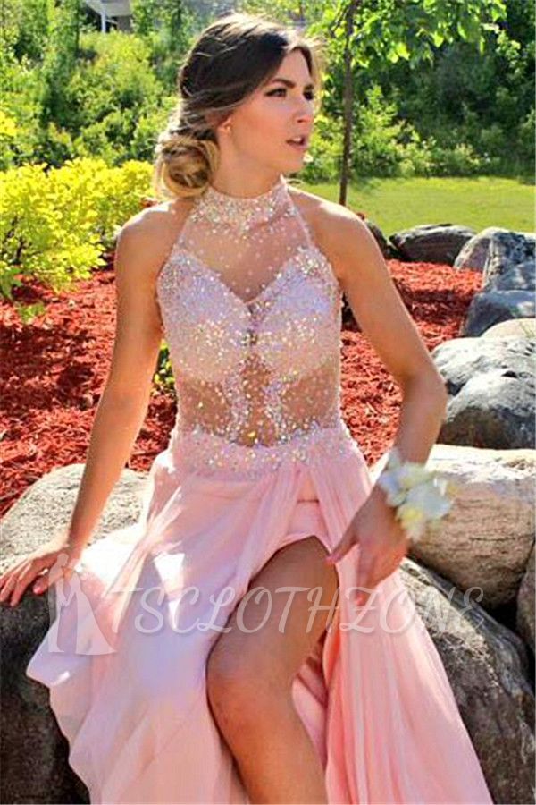 2022 Sequins Halter Prom Dresses With Slit Chiffon Backless Evening Gowns