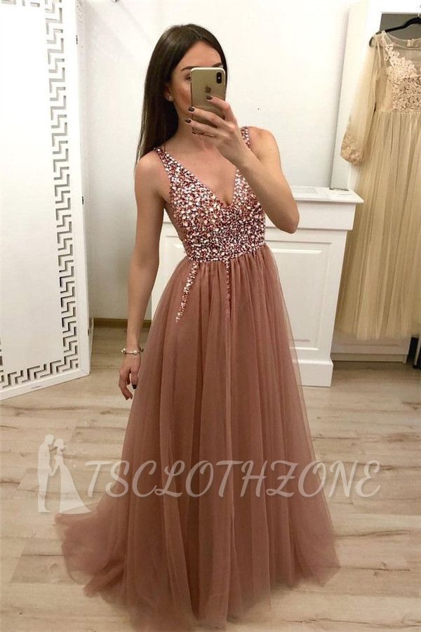Simple Crystal Straps Shining Sequin Prom Dresses | Lace-Up Side slit Mermaid Sleeveless Sexy Evening Dresses
