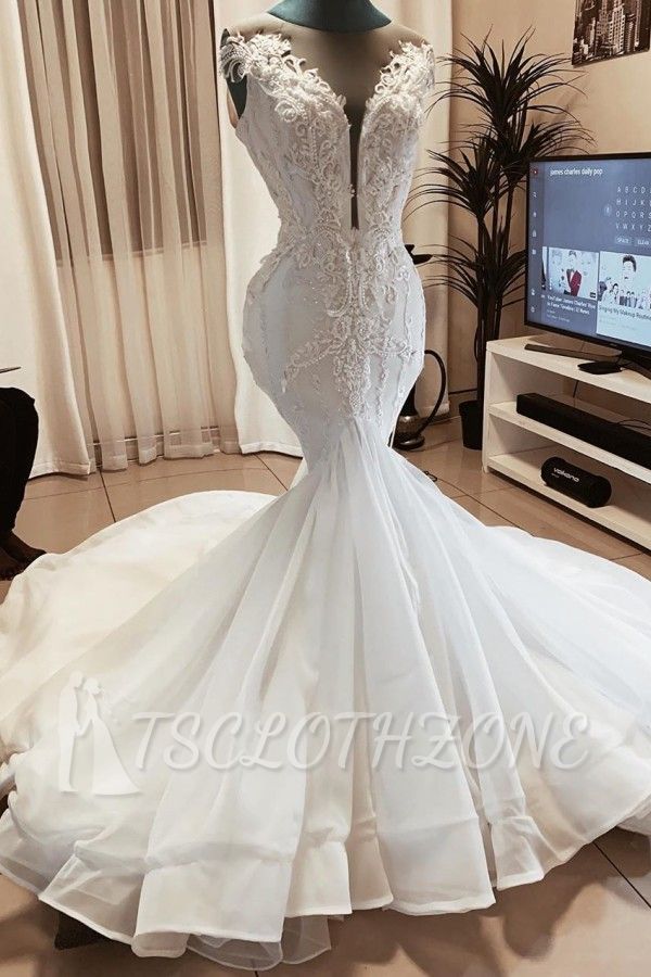 Sleeveless Beads Appliques Mermaid Wedding Dresses | Sheer Tulle V-neck Tulle Bridal Gowns