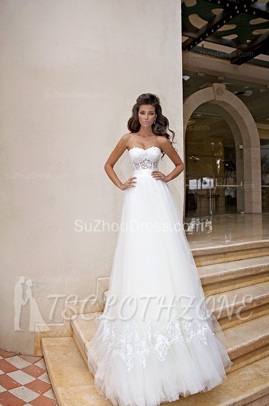 White A-Line Sweetheart Bridal Dresses 2022 Organza Applique Floor Length Wedding Gowns