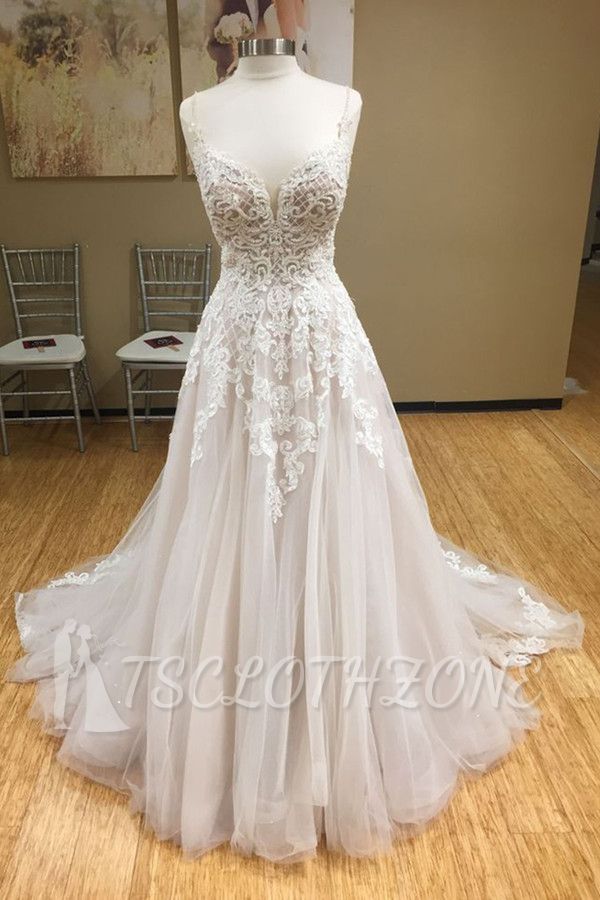 TsClothzone Chic Spaghetti-Straps V-Neck Tulle Wedding Dress Appliques Sleeveless Bridal Gowns with Beadings Online
