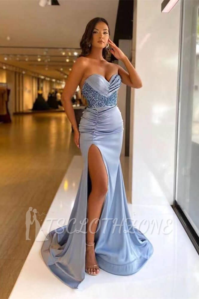 Sweetheart Blue Pleats High split Prom Dresses