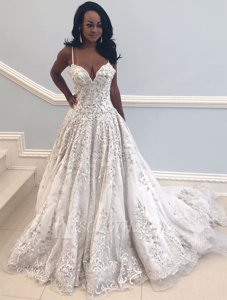 Elegant Spaghetti-Straps Long Wedding Dress | V-Neck Lace Appliques Bridal Gown