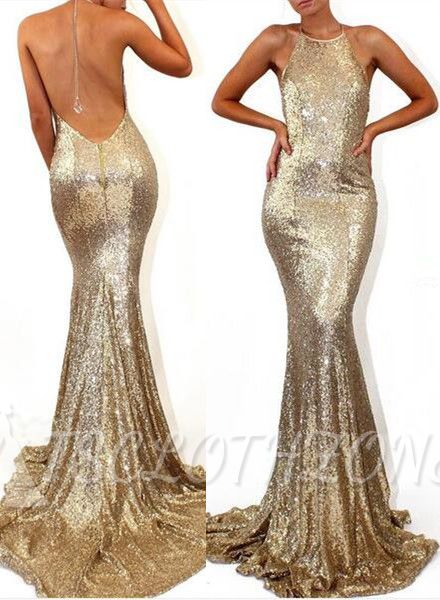 Sleeveless Halter Cheap Formal Dress Mermaid Sweep-Train Stunning Sequined Prom Dress 2022
