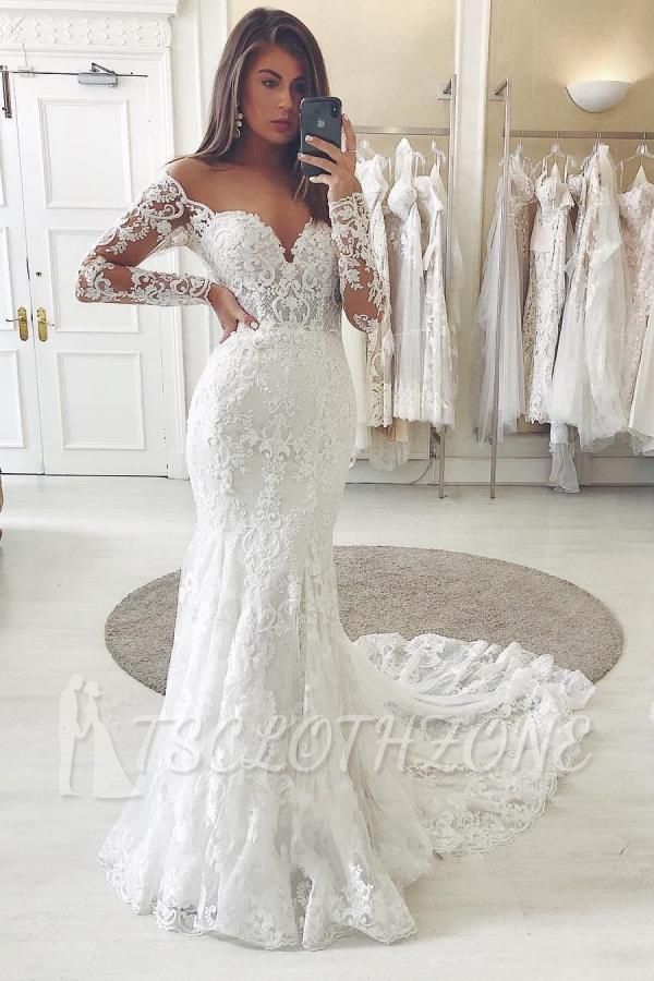 Long sleeves off the shoulder white lace mermaid bridal gown
