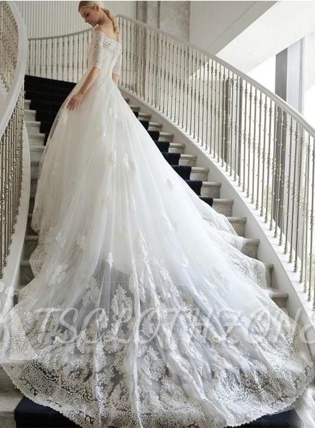 Lace Cathedral Train Off-the-Shoulder Wedding Dresses Elbow Sleeves Charming White Bridal Gowns