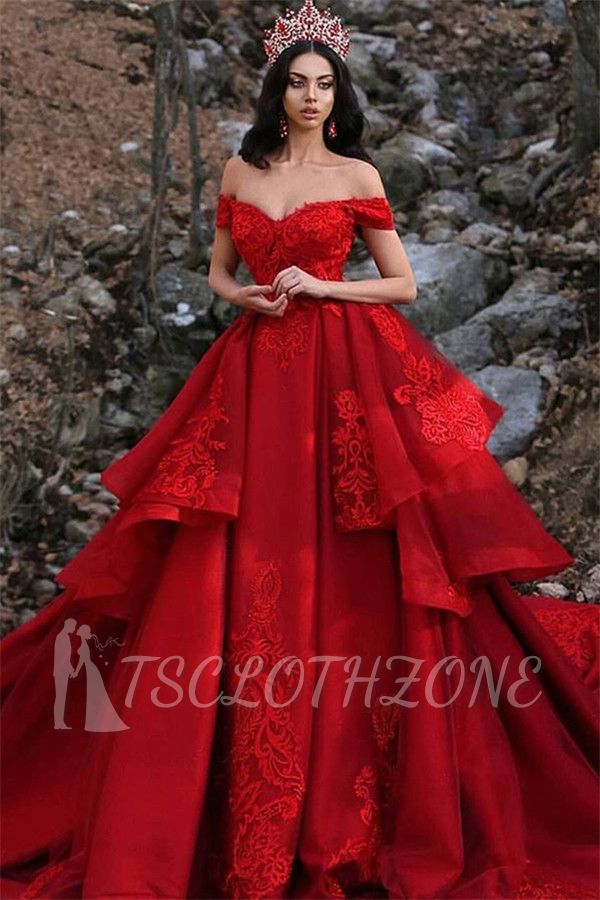 Fashion Abendkleider Lang Rot | A  Linie Abendkleid mit Spitze Online