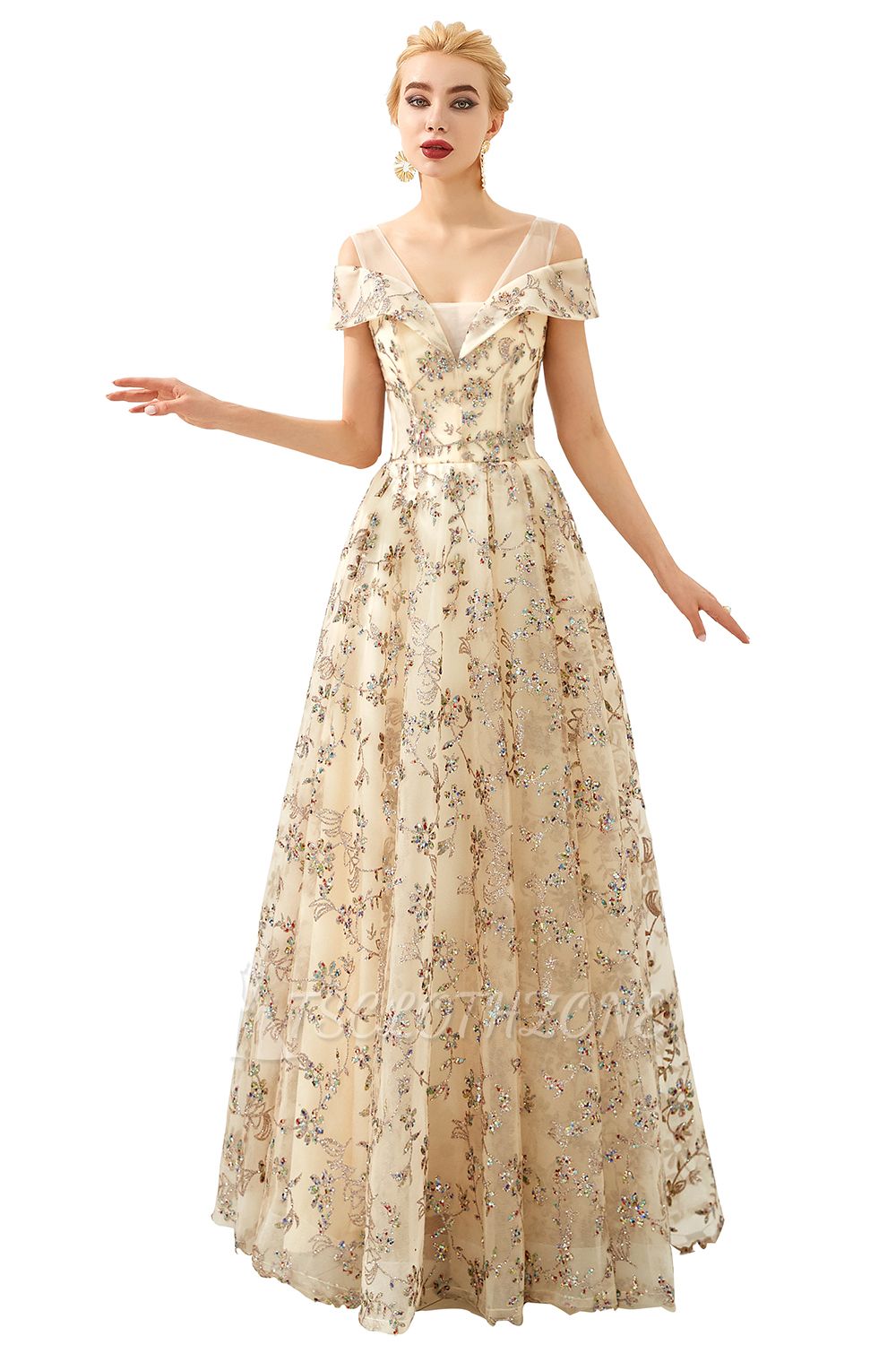 Herbert | Elegant Gold Cold shoulder Prom Dress with Delicate Multi-color Lace Appliques
