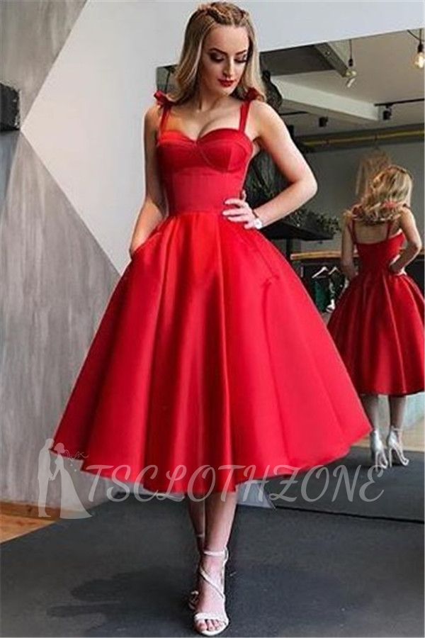 Einfache rote Träger A-Linie Abendkleider | Sexy Open Back Tee Länge Günstige Abendkleider