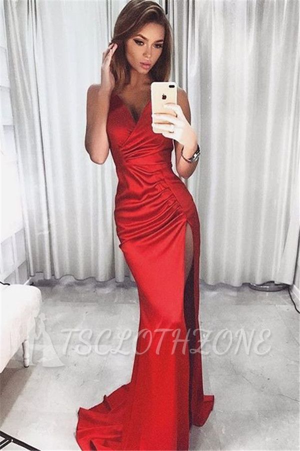 Formales Ballkleid mit V-Ausschnitt und seitlichem Schlitz 2022 Rotes Abendkleid mit sexy Trägern