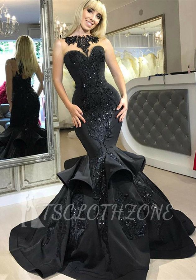 Sexy Black Mermaid Prom Dress Long Sequins Ruffles Party Gowns