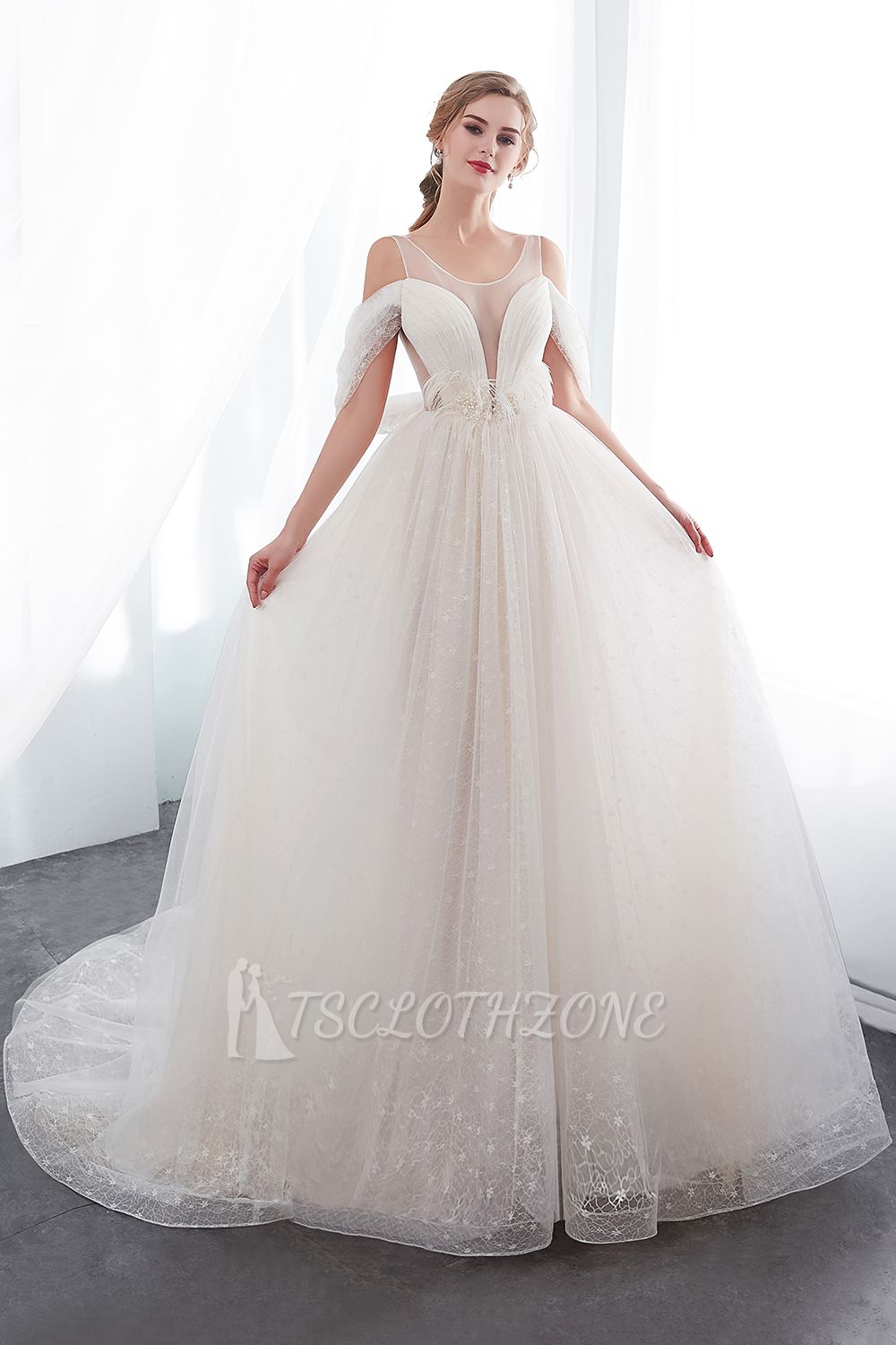 NANCY | A-line Sleeveless Floor Length Lace Ivory Wedding Dresses
