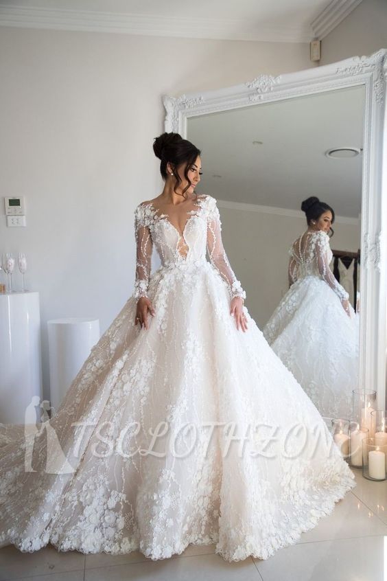 Exquisite Long Sleeve Appliques Sheer Tulle A-line Bridal Gowns