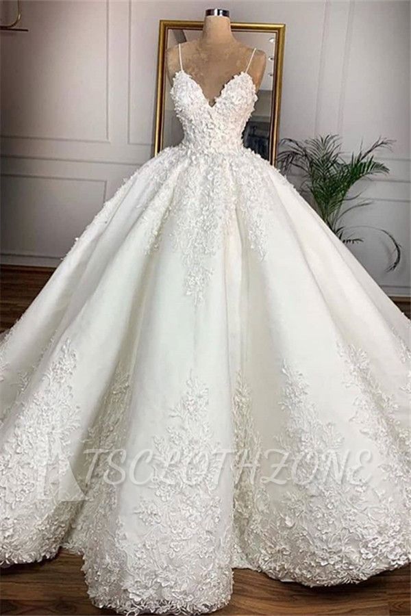 Gorgeous V-Neck Lace Appliques Spaghetti Ball Gown Wedding Dress