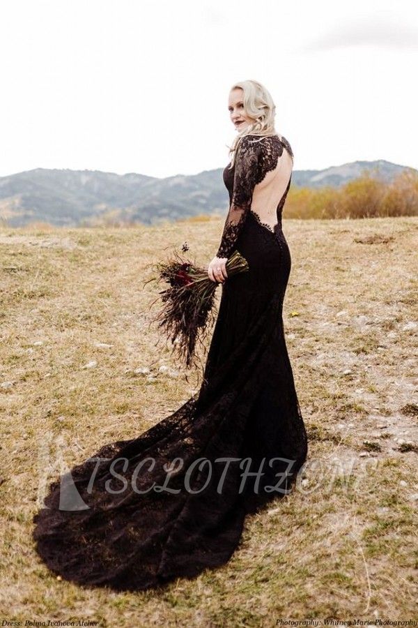 Black Long Sleeves Mermaid Wedding Gown Backless Lace Bridal Dress