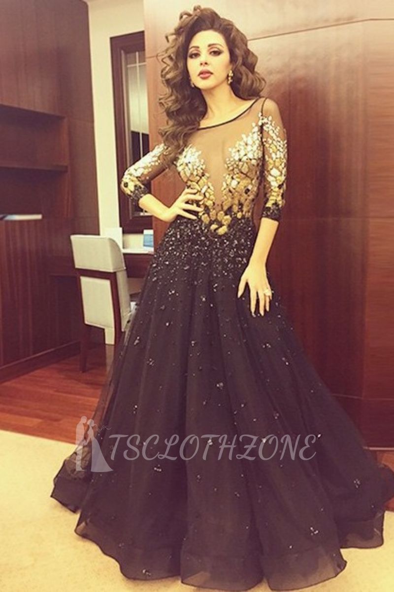 A-Line Crystal Sexy Half Sleeve Evening Dresses with Rhinestones Black Tulle Open Back Long Dress