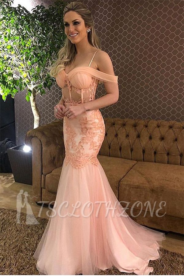 Elegant Pink Off-The-Shoulder Applique Tulle Mermaid Prom Dress