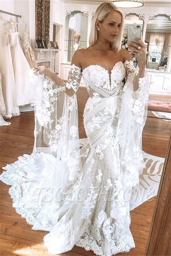 Elegant Sweetheart White Lace Wedding Dresses with Church Train