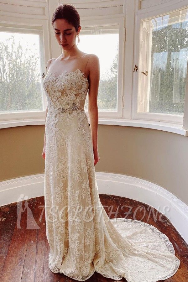 Affordable Sleeveless Wedding Dress Floral Lace A-line Bridal Dress