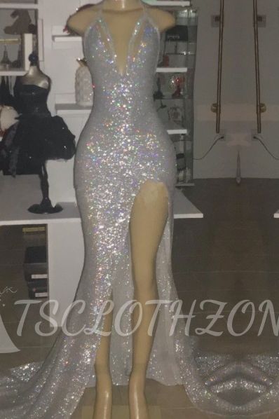 V-neck Sequins Mermaid Front Slit Floor Length Prom Dresses