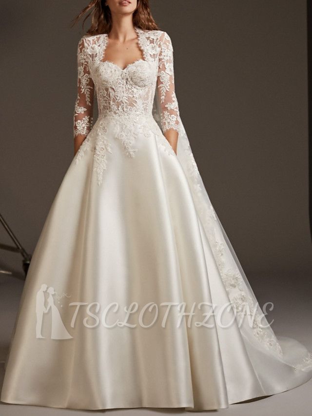 Plus Size Ball Gown Wedding Dress Sweetheart Lace Satin 3/4 Length Sleeve Bridal Gowns with Sweep Train