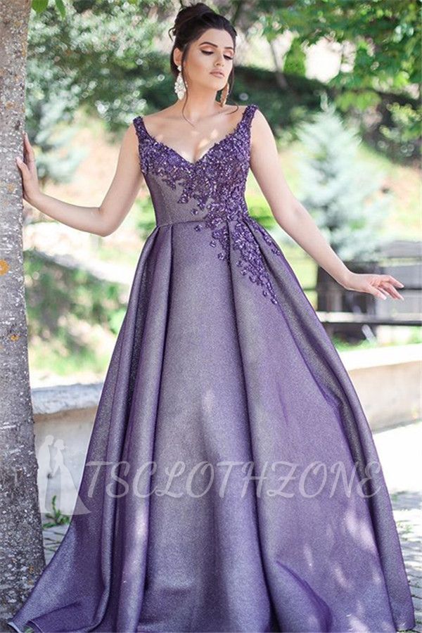 Glamorous Purple V-Neck Evening Dresses 2022 | Cheap Appliques Sleeveless Prom Dresses with Beading